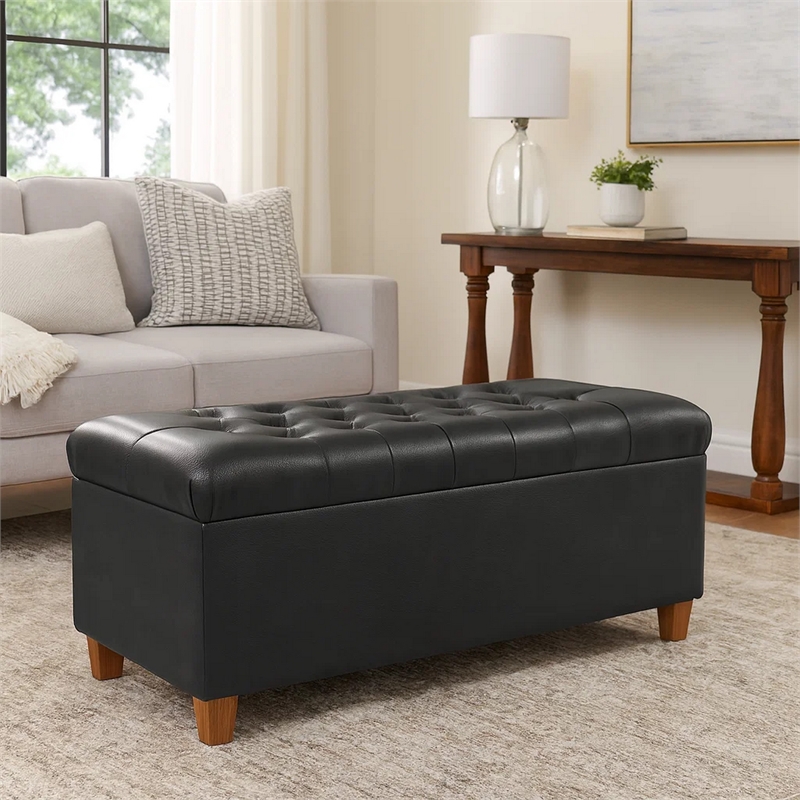 Benjara Bea Storage Ottoman Bench with Tufted Black Faux Leather- 40 Inch