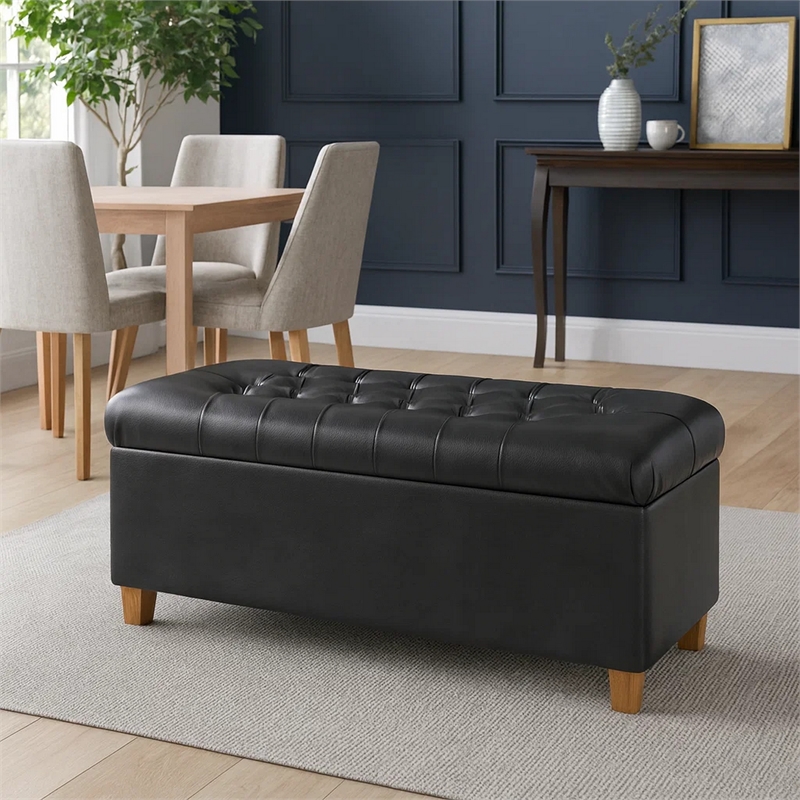 Benjara Bea Storage Ottoman Bench with Tufted Black Faux Leather- 40 Inch