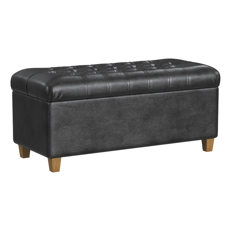 Benjara Bea Storage Ottoman Bench with Tufted Black Faux Leather- 40 Inch