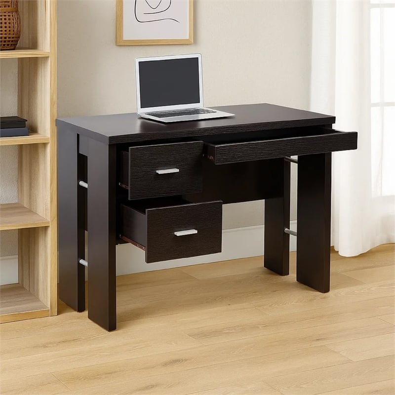 Benjara Laptop Desk- 3 Storage Drawers- 39 Inch- Red Cocoa Brown Wood