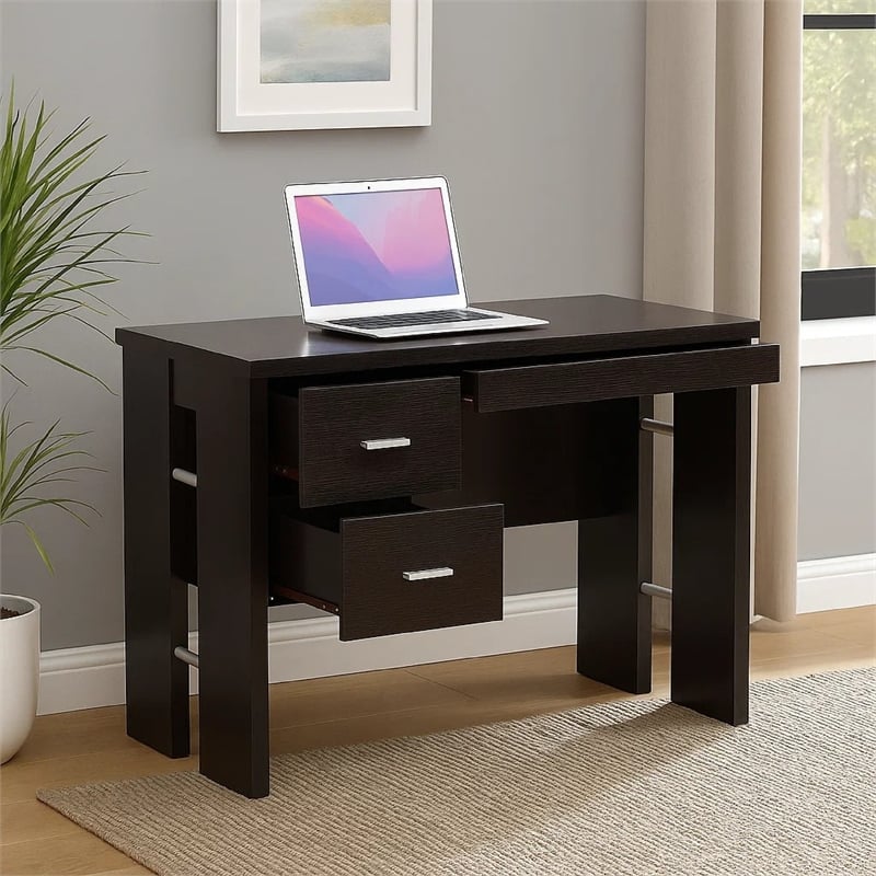 Benjara Laptop Desk- 3 Storage Drawers- 39 Inch- Red Cocoa Brown Wood