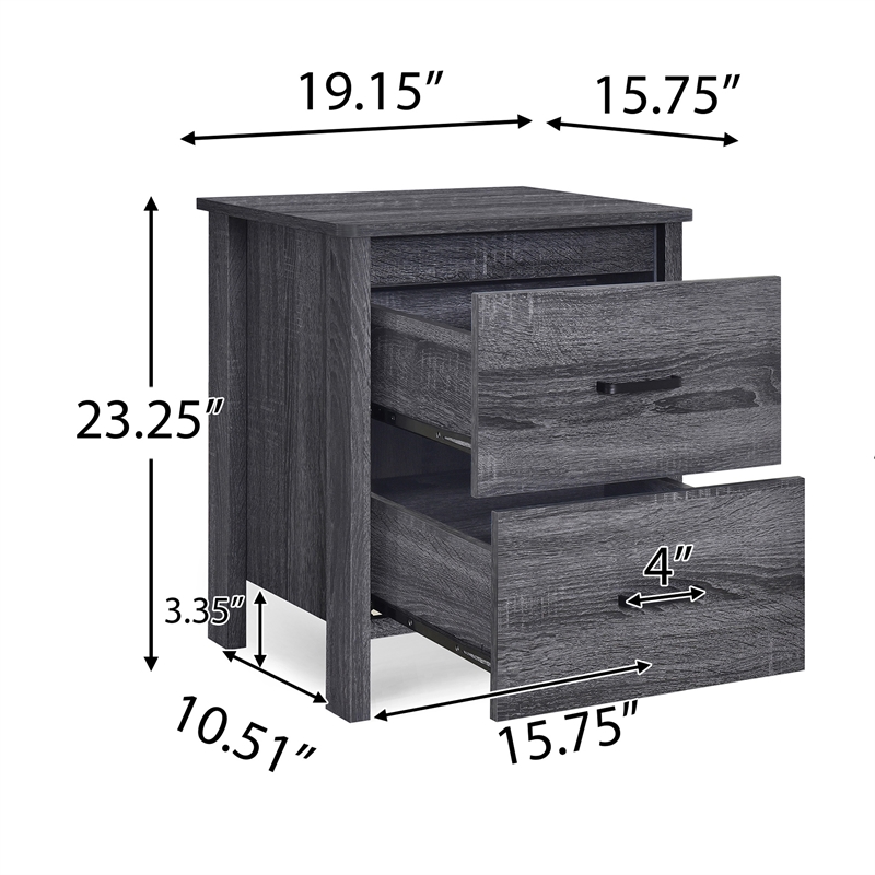 Benjara Nightstand Dresser- 2 Storage Drawers- 23 Inch- Modern Dark Gray