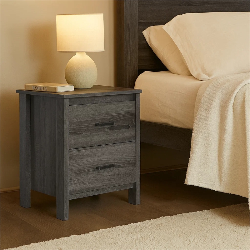 Benjara Nightstand Dresser- 2 Storage Drawers- 23 Inch- Modern Dark Gray