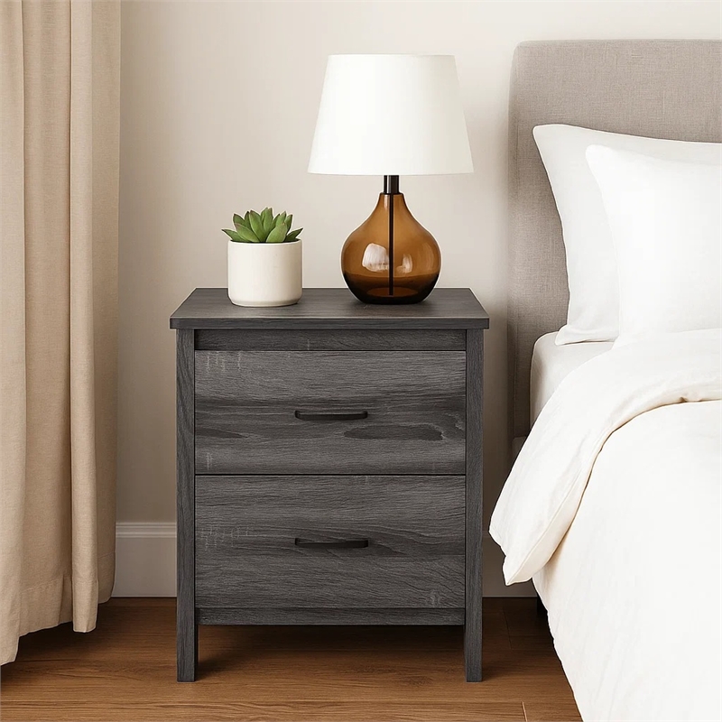 Benjara Nightstand Dresser- 2 Storage Drawers- 23 Inch- Modern Dark Gray