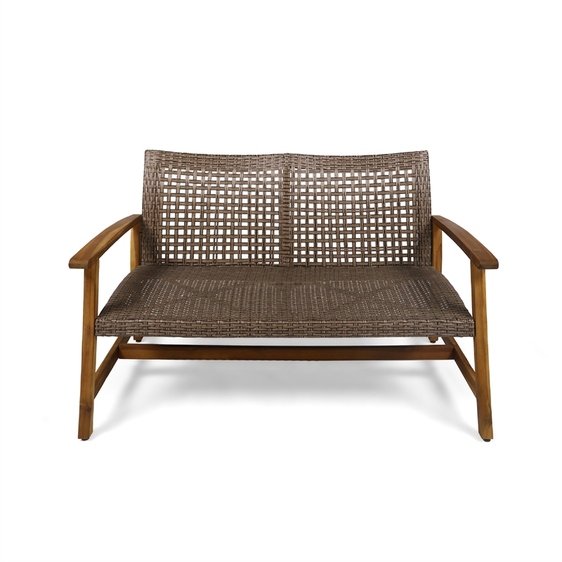 Benjara Bops Outdoor Loveseat- Natural Brown Acacia Wood- 52 Inch- Gray Wicker
