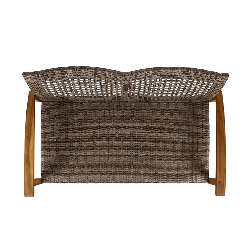 Benjara Bops Outdoor Loveseat- Natural Brown Acacia Wood- 52 Inch- Gray Wicker