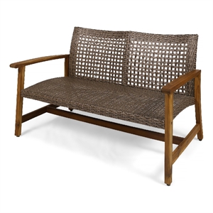 Benjara Bops Outdoor Loveseat- Natural Brown Acacia Wood- 52 Inch- Gray Wicker