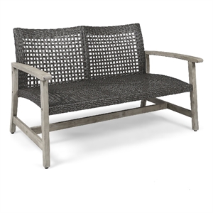 Benjara Bops Outdoor Loveseat- Rustic Acacia Wood Frame- 52 Inch- Gray Wicker