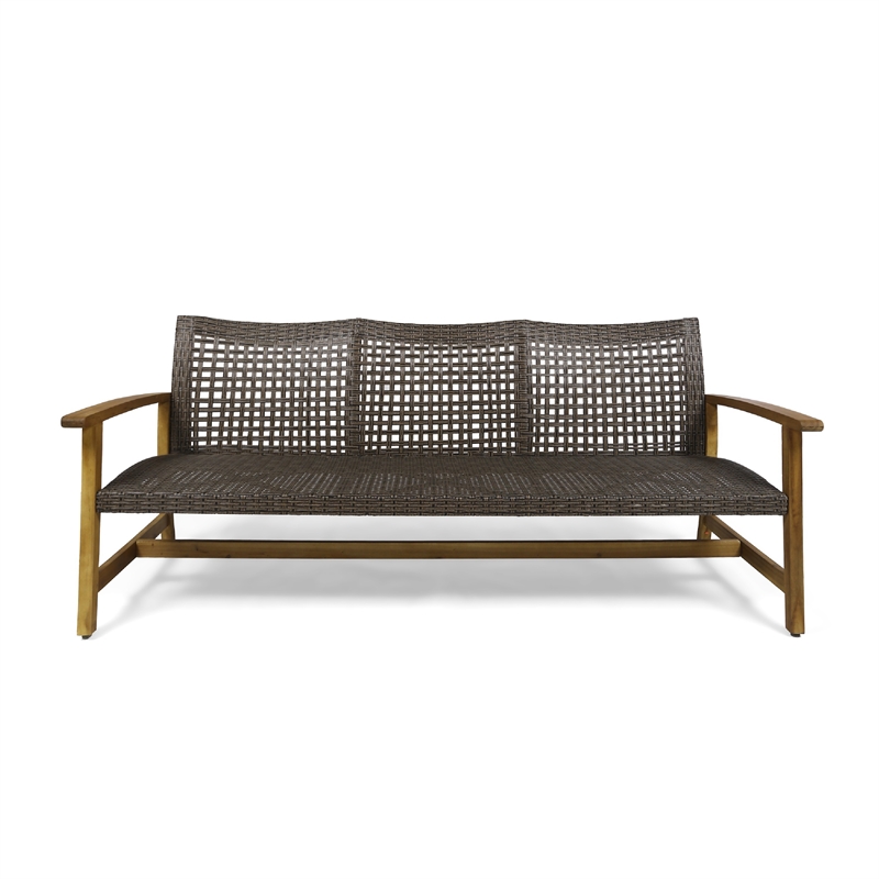 Benjara Bops Outdoor Sofa- Brown Acacia Wood Frame- 76 Inch- Gray Wicker