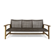 Benjara Bops Outdoor Sofa- Brown Acacia Wood Frame- 76 Inch- Gray Wicker