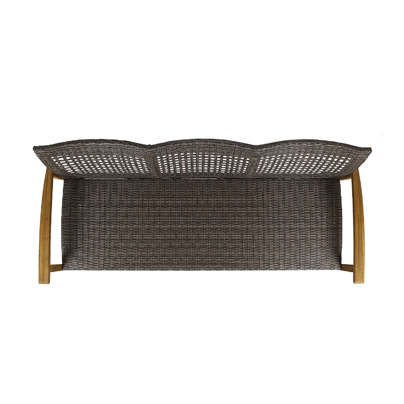 Benjara Bops Outdoor Sofa- Brown Acacia Wood Frame- 76 Inch- Gray Wicker