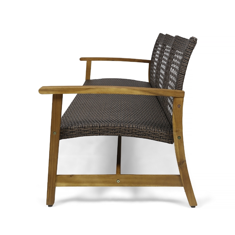 Benjara Bops Outdoor Sofa- Brown Acacia Wood Frame- 76 Inch- Gray Wicker