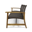Benjara Bops Outdoor Sofa- Brown Acacia Wood Frame- 76 Inch- Gray Wicker