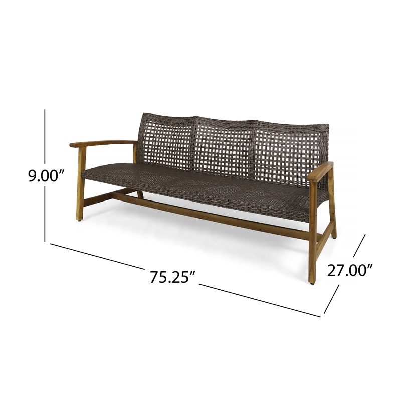 Benjara Bops Outdoor Sofa- Brown Acacia Wood Frame- 76 Inch- Gray Wicker