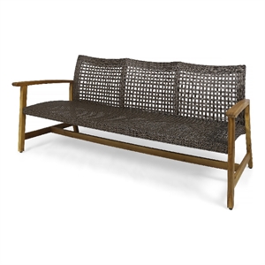 Benjara Bops Outdoor Sofa- Brown Acacia Wood Frame- 76 Inch- Gray Wicker