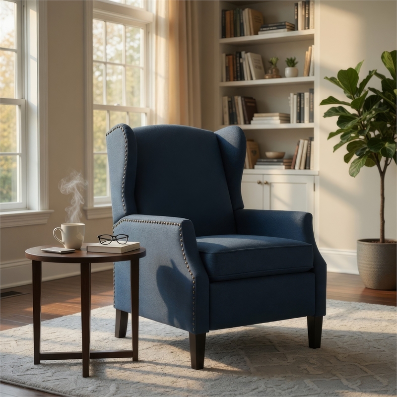 Benjara Manual Recliner Chair- Wingback and Nailhead Trim- Navy Blue Polyester