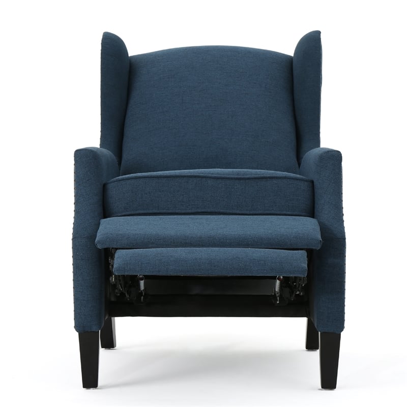 Benjara Manual Recliner Chair- Wingback and Nailhead Trim- Navy Blue Polyester