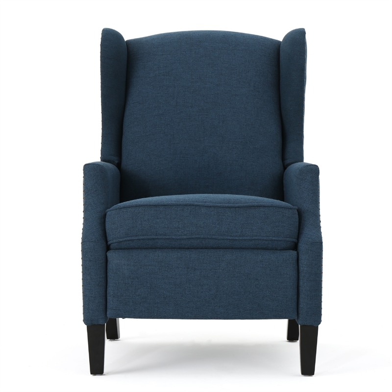 Benjara Manual Recliner Chair- Wingback and Nailhead Trim- Navy Blue Polyester
