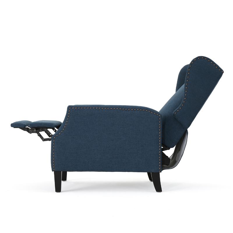 Benjara Manual Recliner Chair- Wingback and Nailhead Trim- Navy Blue Polyester