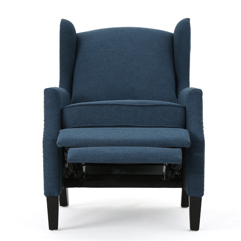 Benjara Manual Recliner Chair- Wingback and Nailhead Trim- Navy Blue Polyester