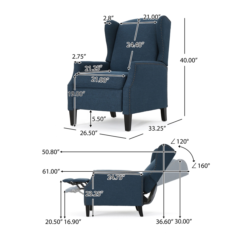 Benjara Manual Recliner Chair- Wingback and Nailhead Trim- Navy Blue Polyester