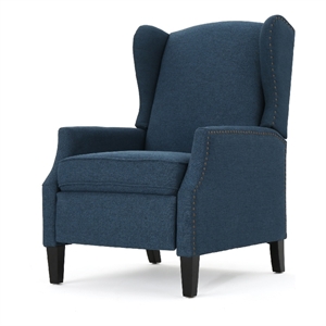 Benjara Manual Recliner Chair- Wingback and Nailhead Trim- Navy Blue Polyester