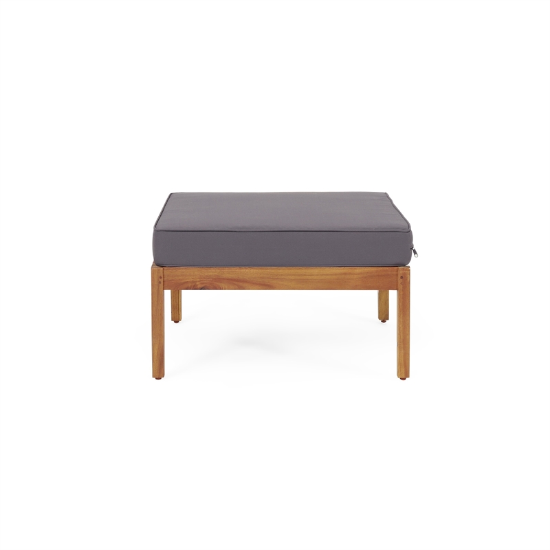 Benjara Gail Outdoor Ottoman and Coffee Table Set- Brown Acacia Wood- Gray