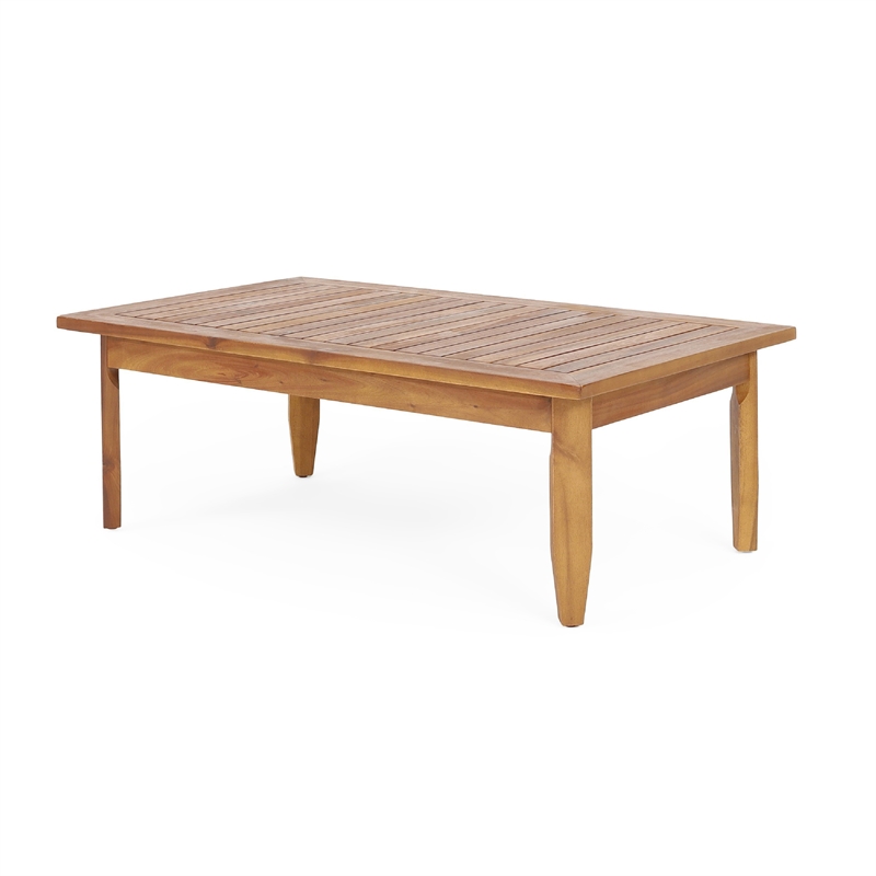 Benjara Gail Outdoor Ottoman and Coffee Table Set- Brown Acacia Wood- Gray