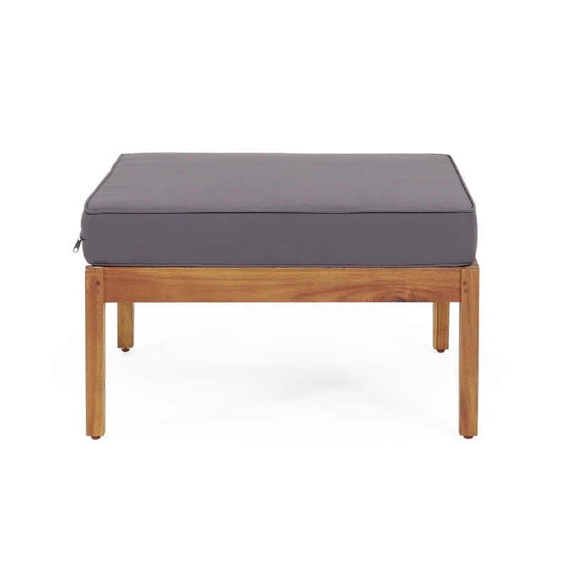 Benjara Gail Outdoor Ottoman and Coffee Table Set- Brown Acacia Wood- Gray
