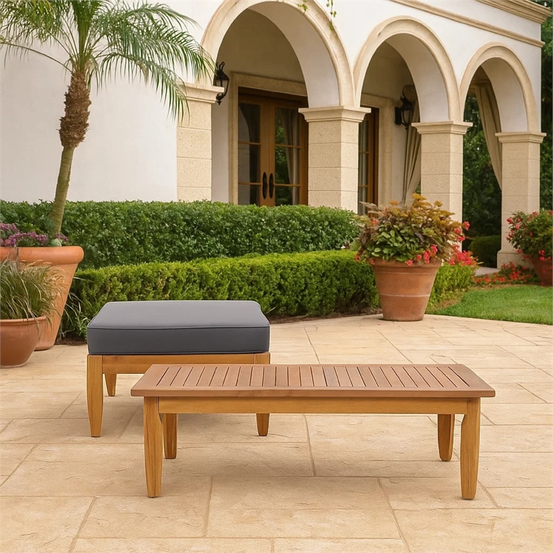 Benjara Gail Outdoor Ottoman and Coffee Table Set- Brown Acacia Wood- Gray