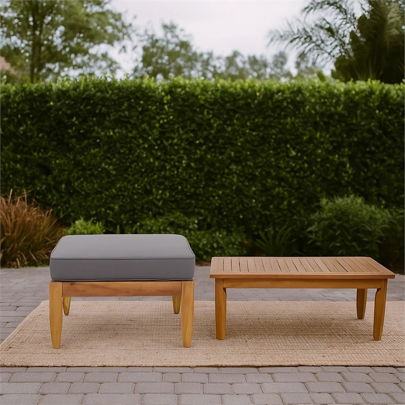 Benjara Gail Outdoor Ottoman and Coffee Table Set- Brown Acacia Wood- Gray