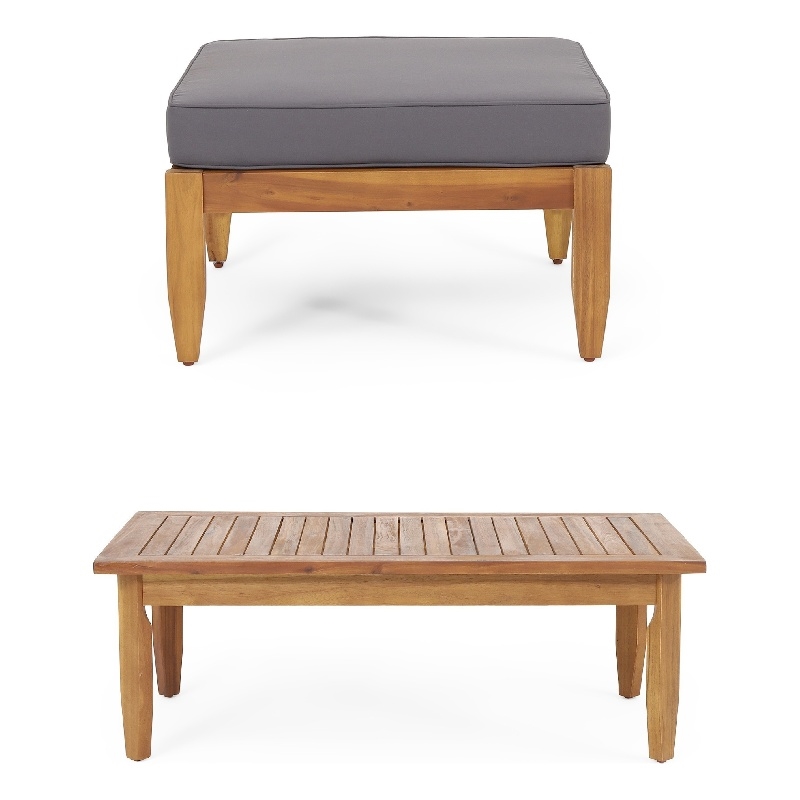 Benjara Gail Outdoor Ottoman and Coffee Table Set- Brown Acacia Wood- Gray