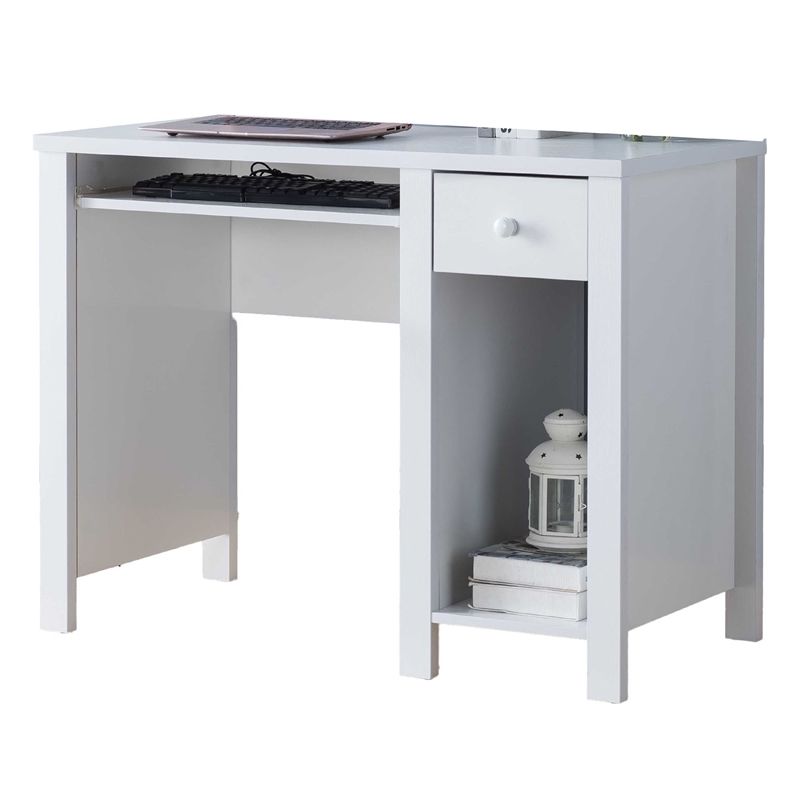 Benjara Akol Computer Desk- Keyboard Drawer and Storage- 39 Inch- Modern White