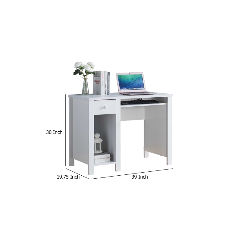 Benjara Akol Computer Desk- Keyboard Drawer and Storage- 39 Inch- Modern White