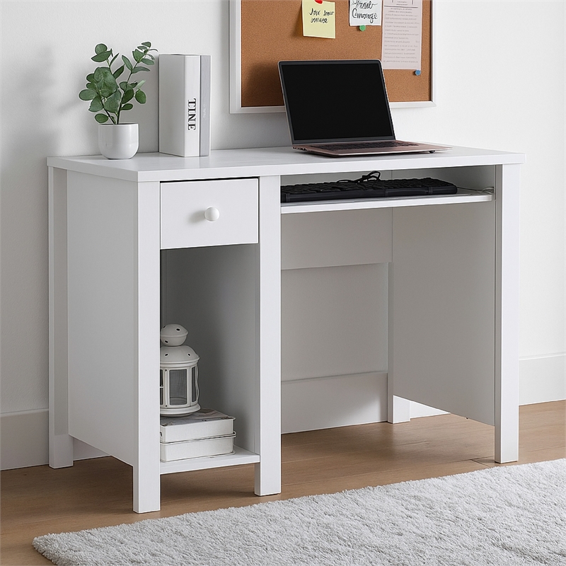 Benjara Akol Computer Desk- Keyboard Drawer and Storage- 39 Inch- Modern White