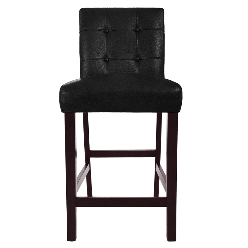 Benjara Popa Counter Stool Chair Set of 2- Black Faux Leather- Tufted Back
