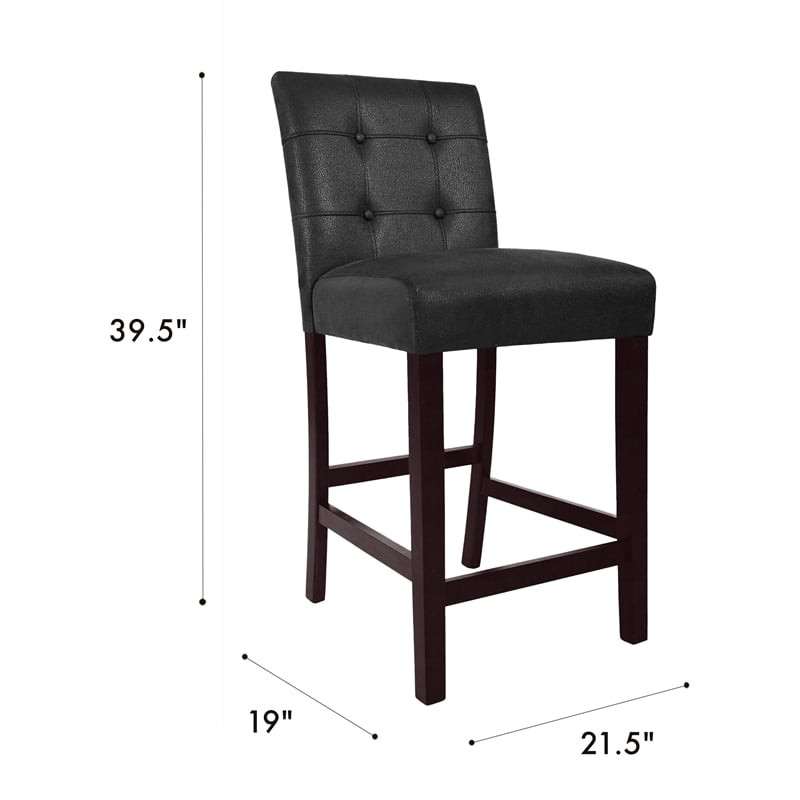 Benjara Popa Counter Stool Chair Set of 2- Black Faux Leather- Tufted Back