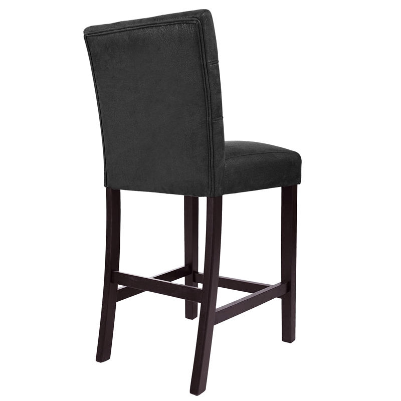 Benjara Popa Counter Stool Chair Set of 2- Black Faux Leather- Tufted Back
