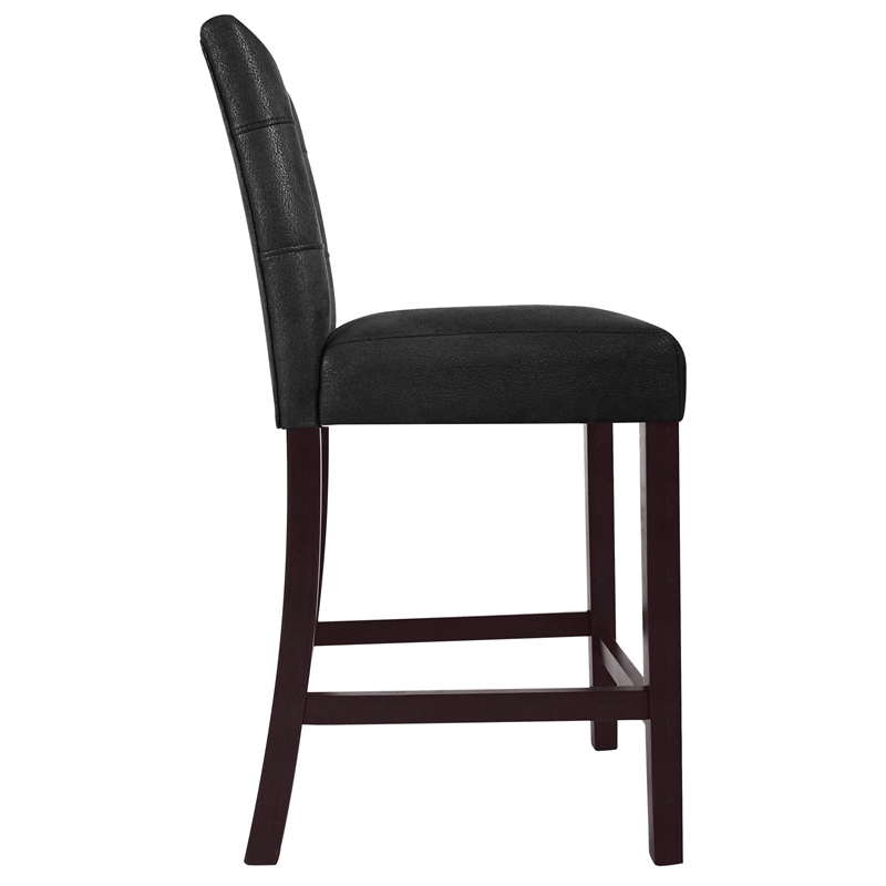 Benjara Popa Counter Stool Chair Set of 2- Black Faux Leather- Tufted Back