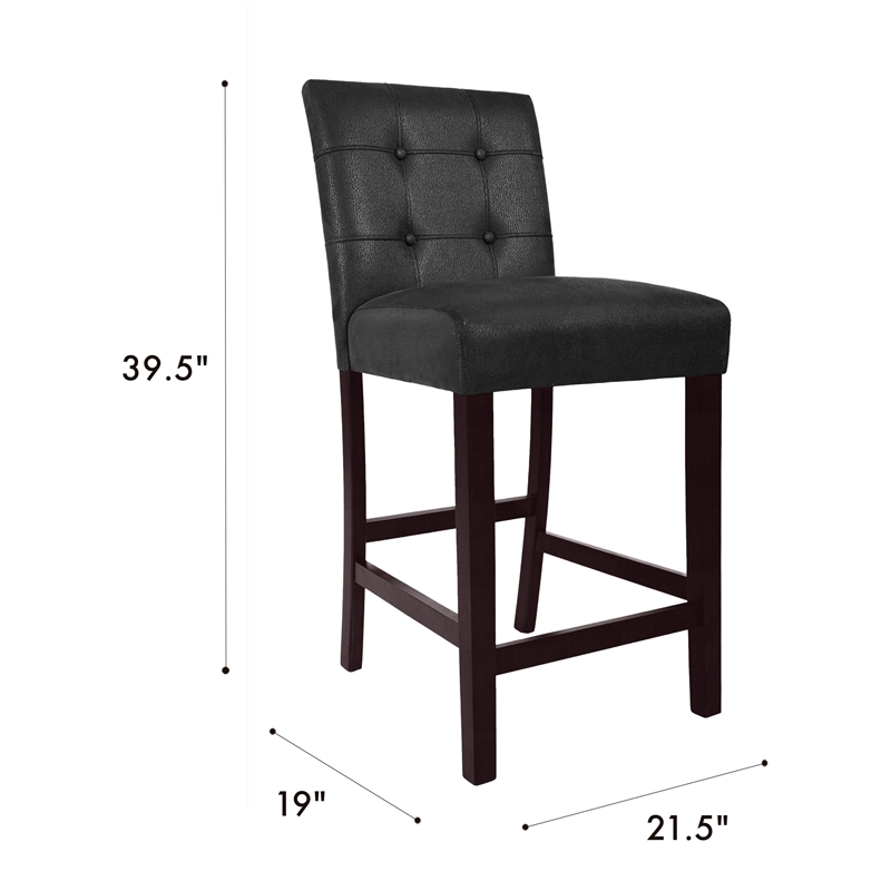 Benjara Popa Counter Stool Chair Set of 2- Black Faux Leather- Tufted Back