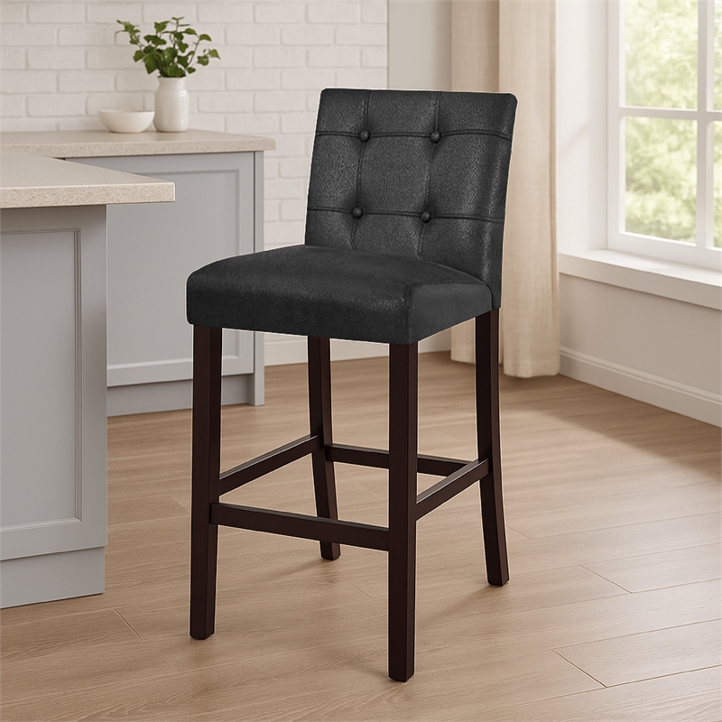 Benjara Popa Counter Stool Chair Set of 2- Black Faux Leather- Tufted Back