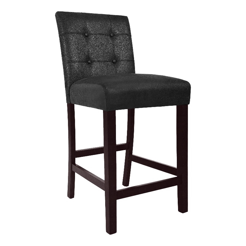 Benjara Popa Counter Stool Chair Set of 2- Black Faux Leather- Tufted Back