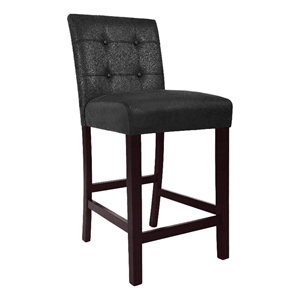 Benjara Popa Counter Stool Chair Set of 2- Black Faux Leather- Tufted Back