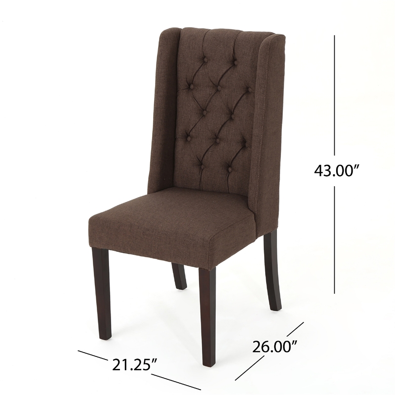 Benjara Greg Dining Chair Set of 2- High Wingback- Birch Wood- Brown Fabric