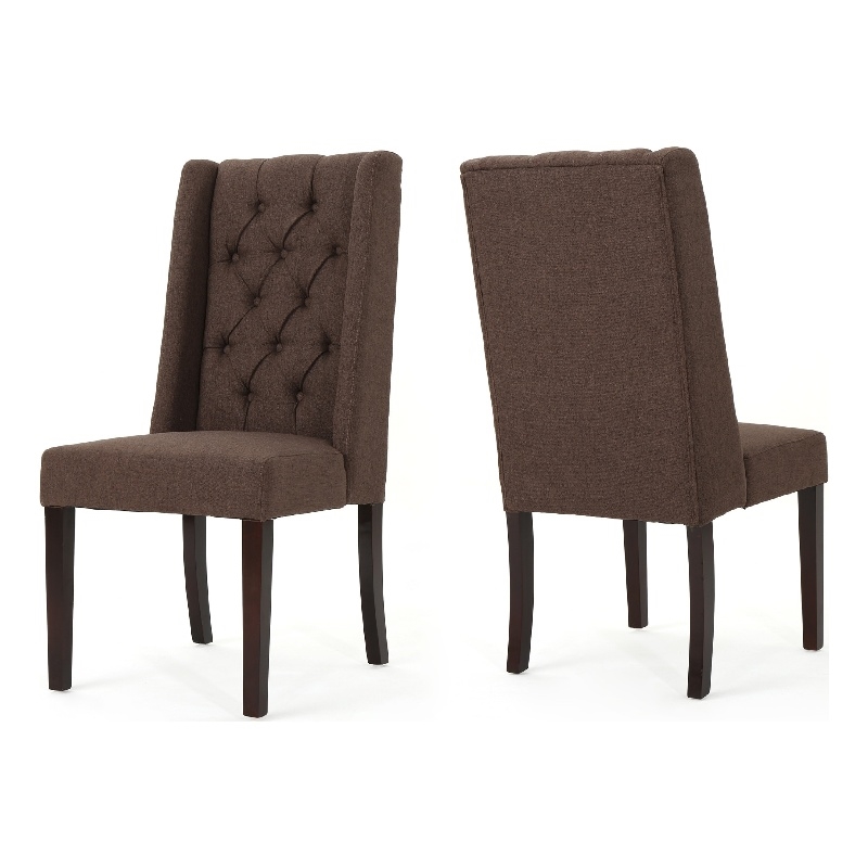 Benjara Greg Dining Chair Set of 2- High Wingback- Birch Wood- Brown Fabric
