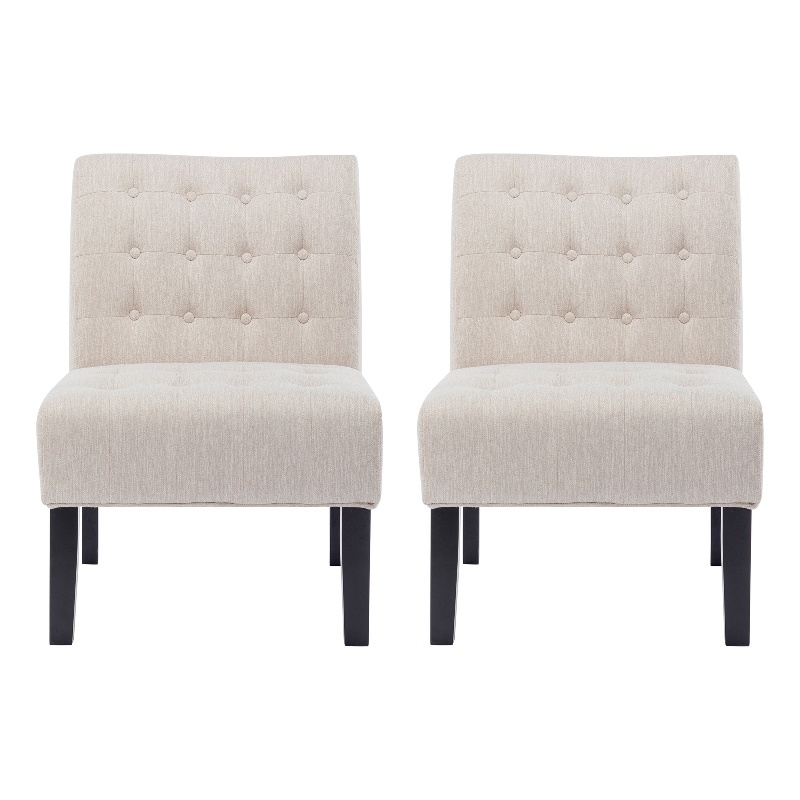 Benjara Janine Accent Chair Set of 2- Beige Button Tufted Waffle Stitch Fabric