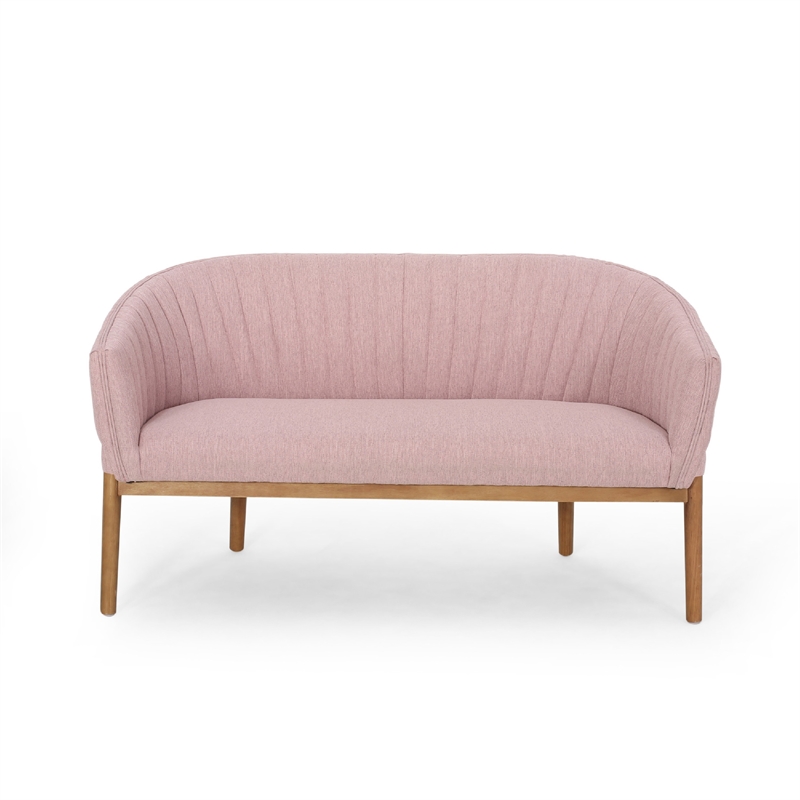 Benjara Fery Loveseat- Blush Pink Fabric Channel Stitched Back- Brown 55 Inch