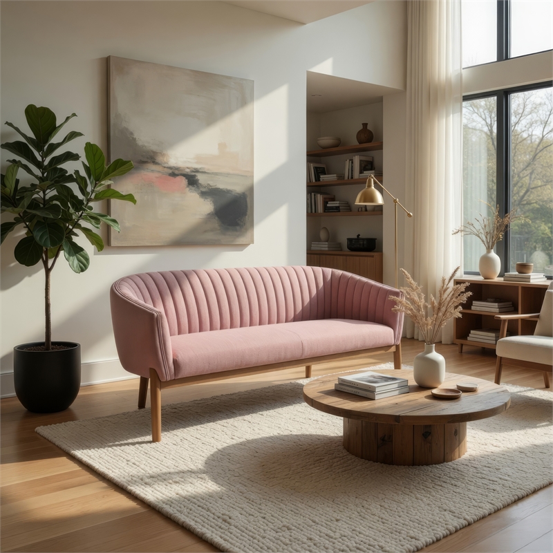 Benjara Fery Loveseat- Blush Pink Fabric Channel Stitched Back- Brown 55 Inch