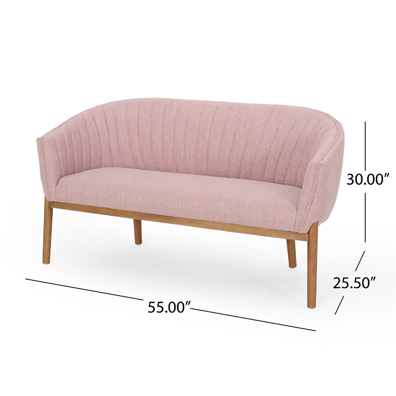 Benjara Fery Loveseat- Blush Pink Fabric Channel Stitched Back- Brown 55 Inch