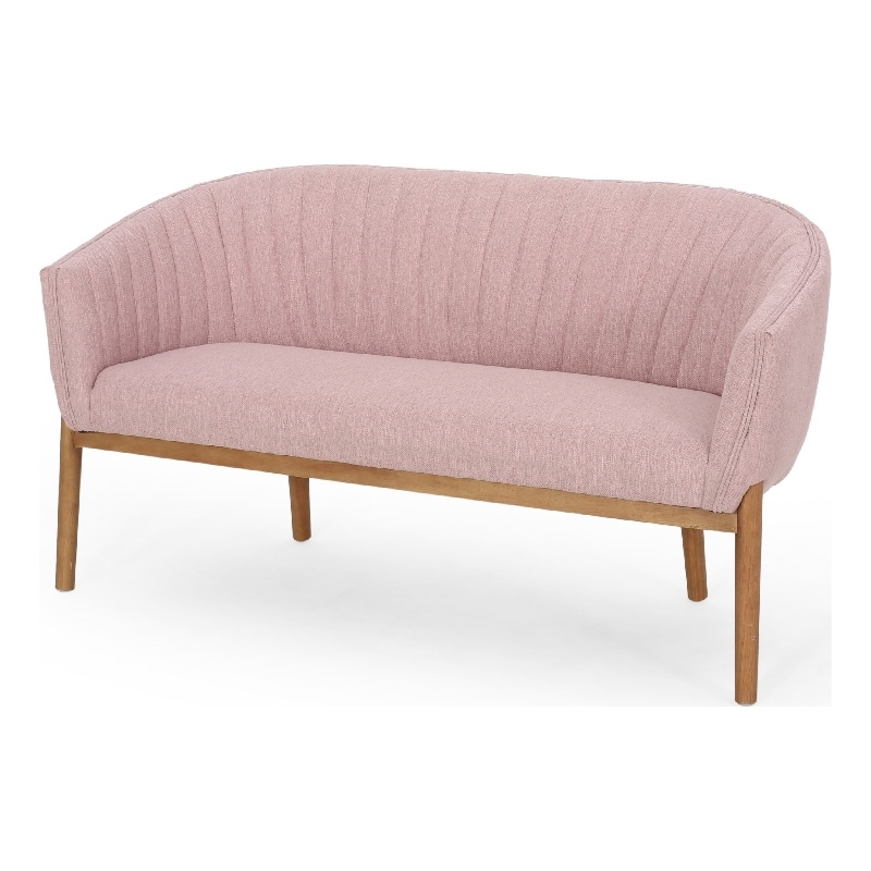 Benjara Fery Loveseat- Blush Pink Fabric Channel Stitched Back- Brown 55 Inch